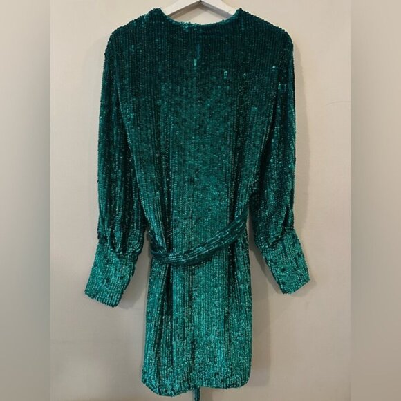 Asos Edition Sequin Wrap Long Sleeve Tie Waist Mini Dress in Teal Green - Picture 4 of 13